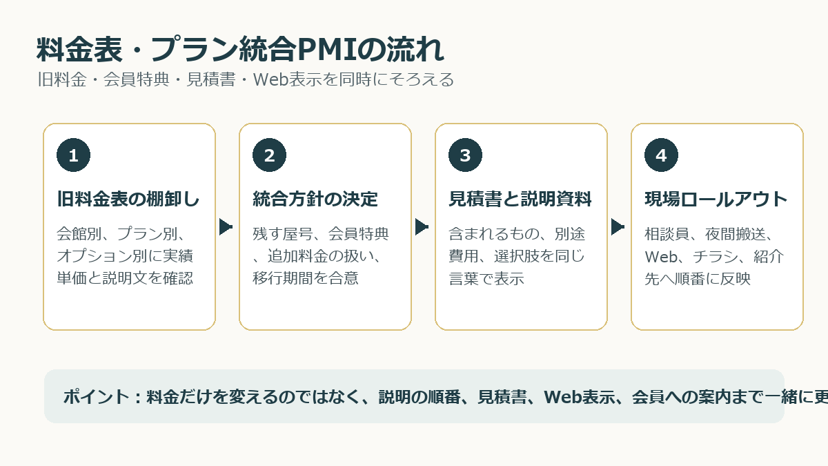葬儀社M&A後に旧料金表から統合料金表、見積書、現場運用へ進めるPMIの流れ